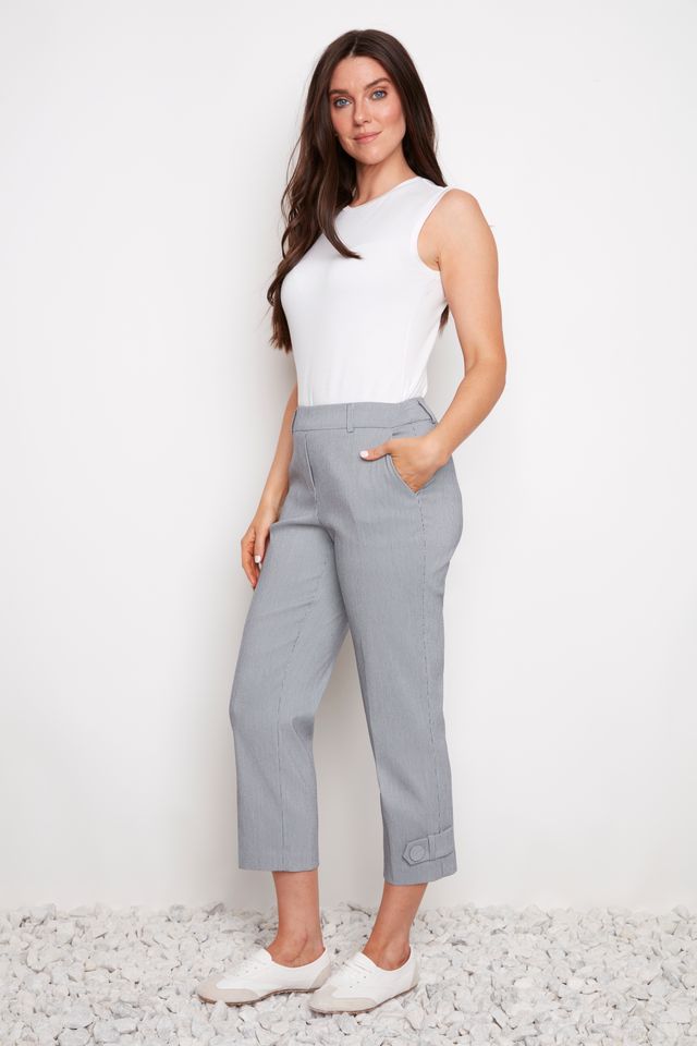 Navy Stripe Techno Button-Tab Cropped Pant - Up!