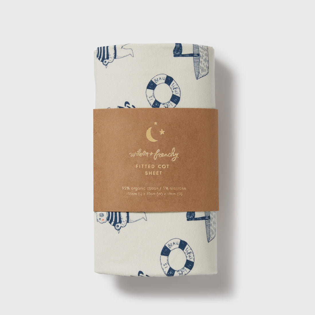 Fitted cot sheet with nautical pattern and brown label on a white background
