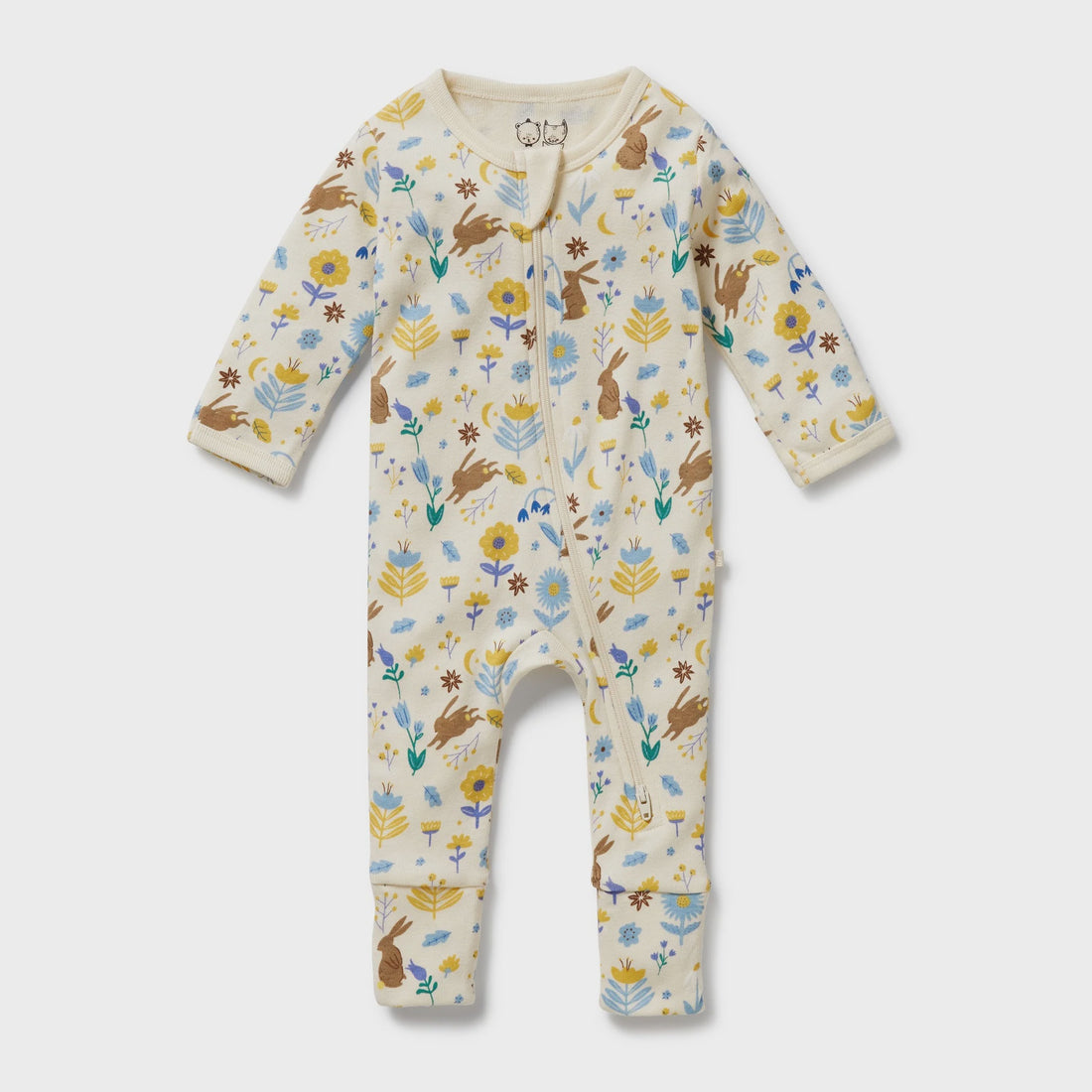 Baby onesie with animal and floral pattern on a white background