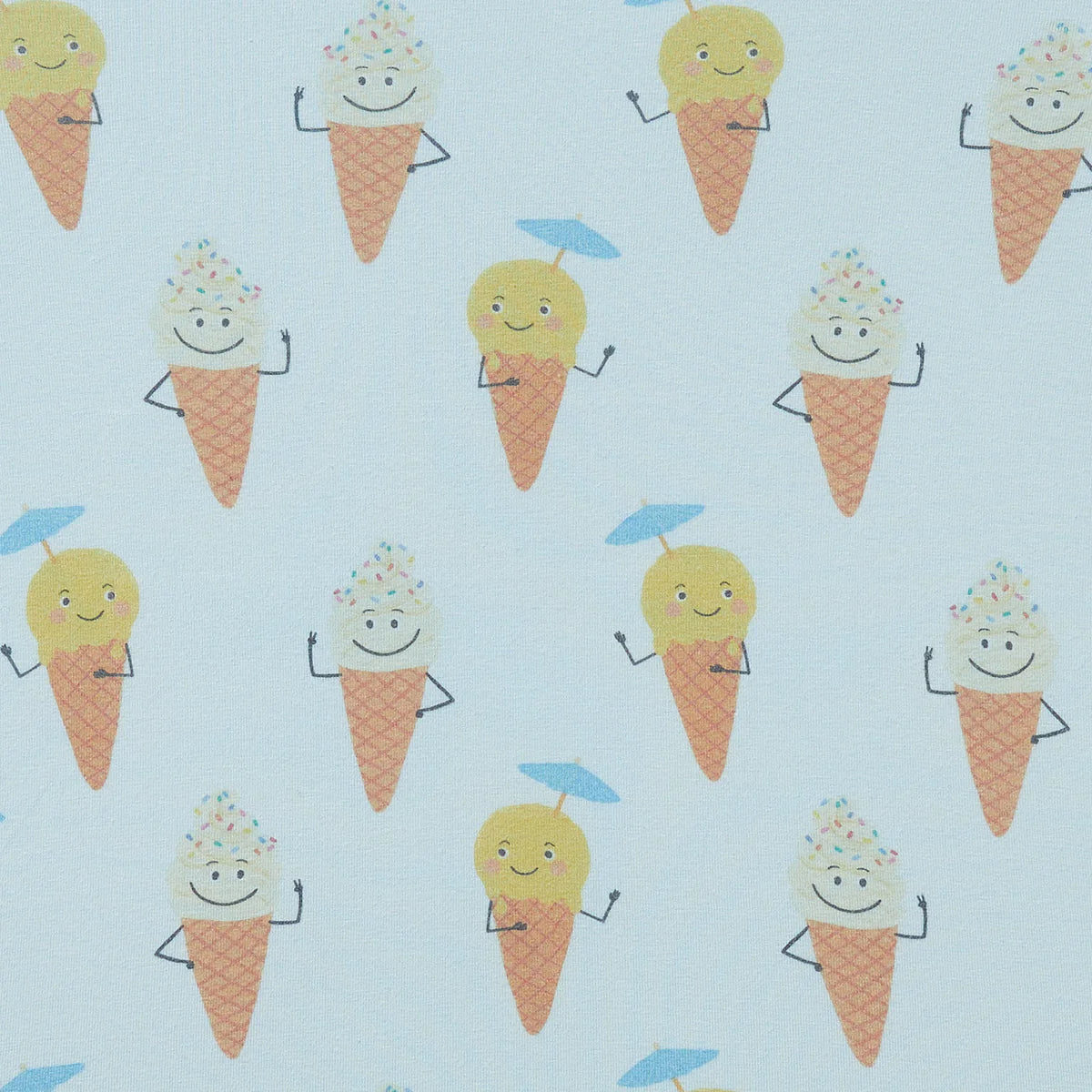 Pattern of cartoon ice cream cones and lemons on a light blue background