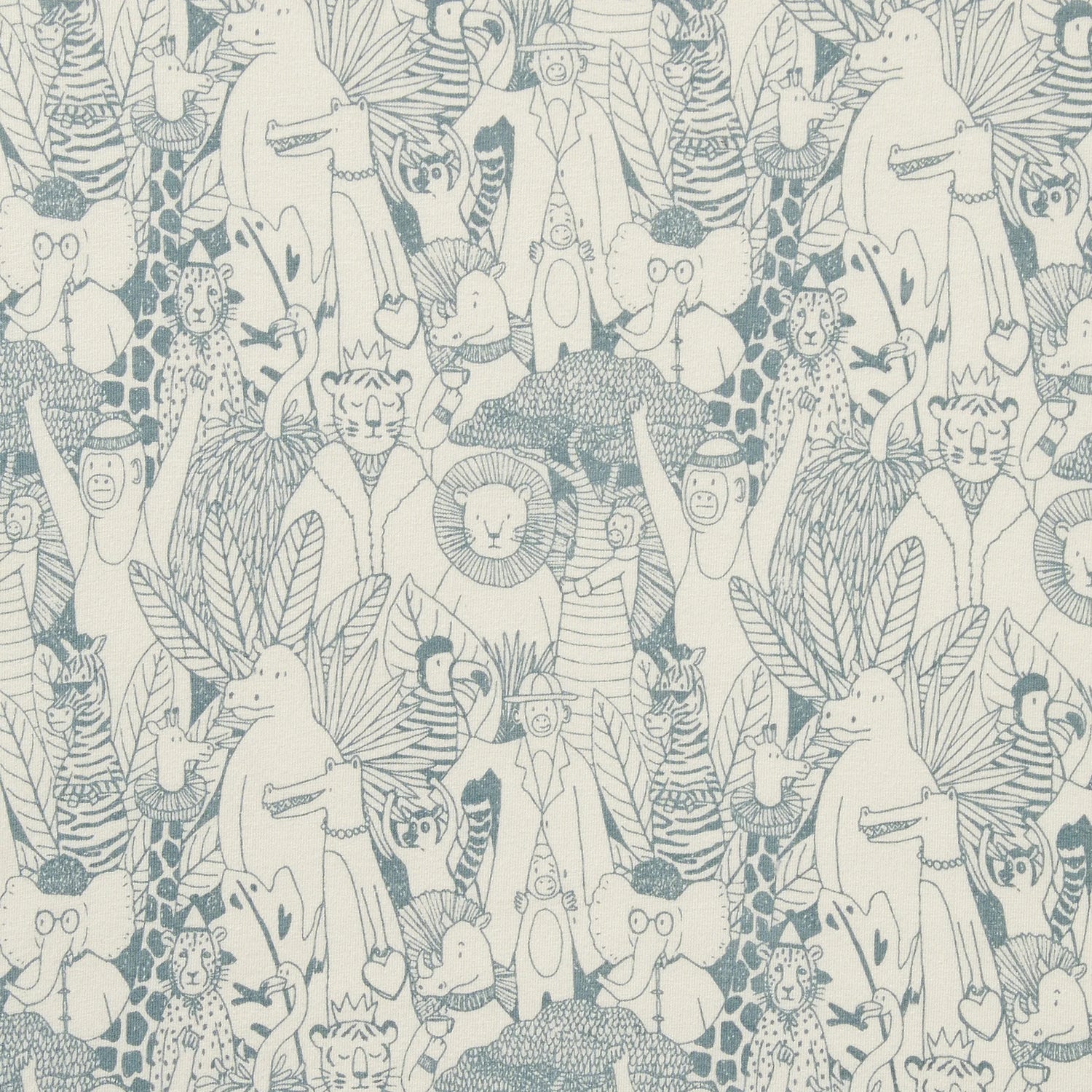 Patterned wallpaper with stylized animals and foliage in neutral tones.