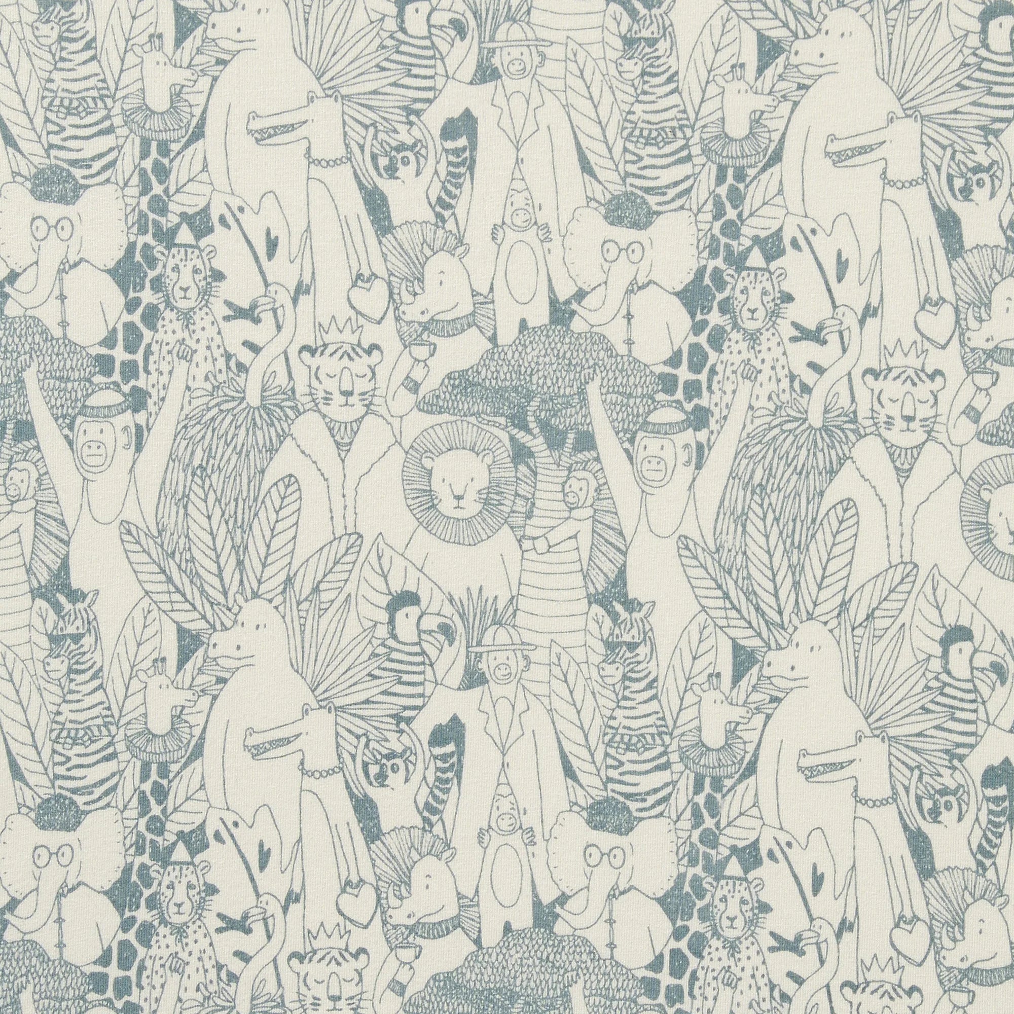 Patterned wallpaper with stylized animals and foliage in neutral tones.