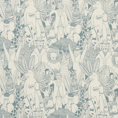 Patterned wallpaper with stylized animals and foliage in neutral tones.