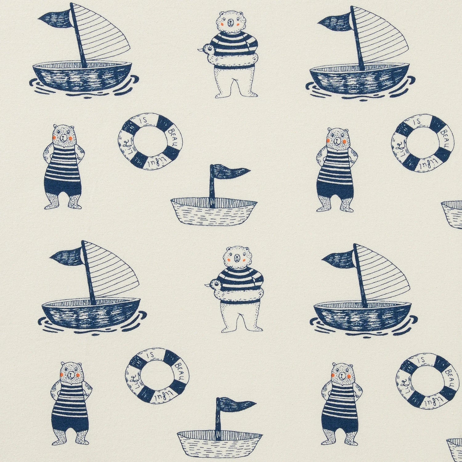 Pattern of bears in striped shirts, sailboats, and life buoys on a beige background