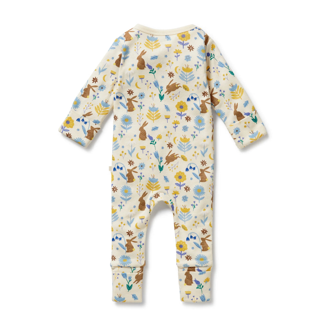 Baby onesie with animal and floral pattern on a white background