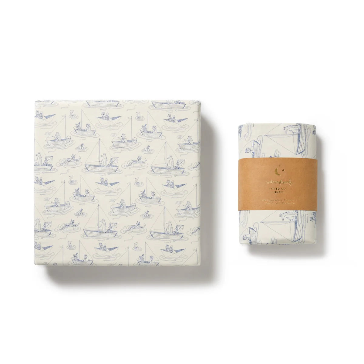 Packaged product with a pattern of small boats on a white background