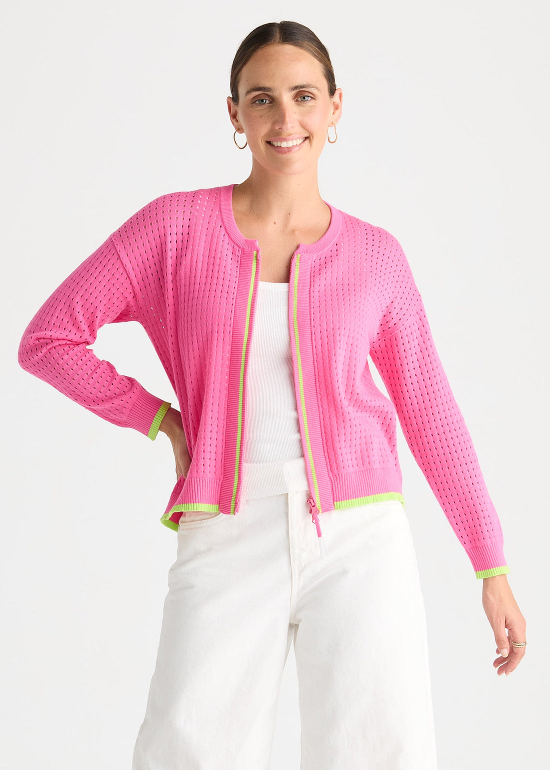 Pointelle Zip Cardi Pop Pink - Zaket &amp; Plover