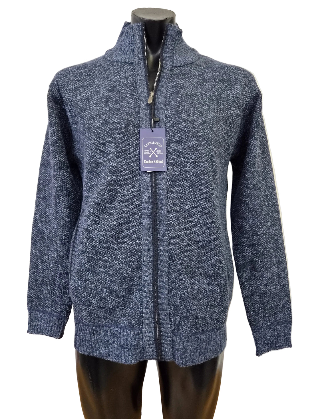 Blue knitted cardigan on a mannequin with a visible brand tag against a white background