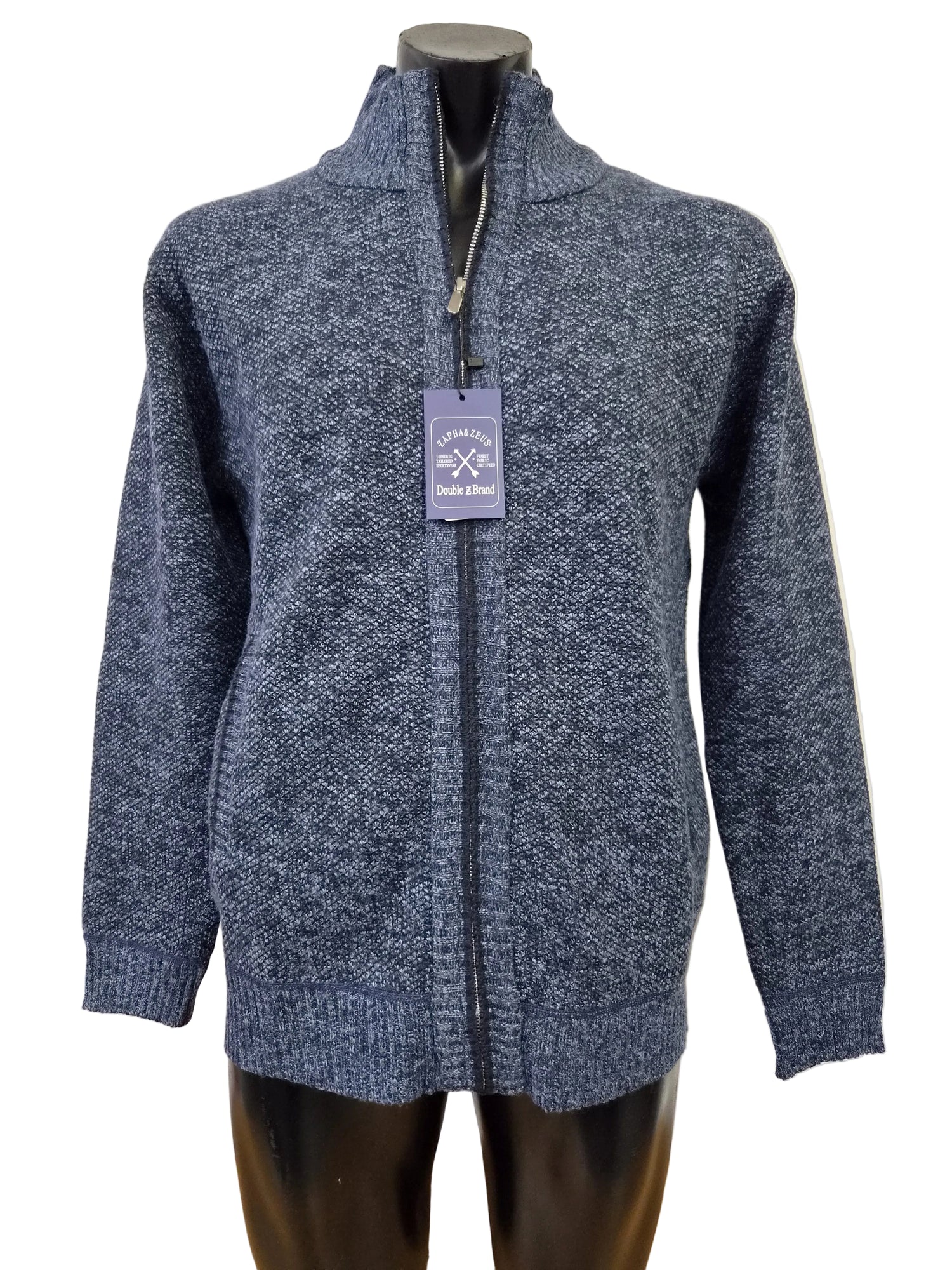Blue knitted cardigan on a mannequin with a visible brand tag against a white background