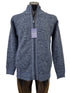 Blue knitted cardigan on a mannequin with a visible brand tag against a white background