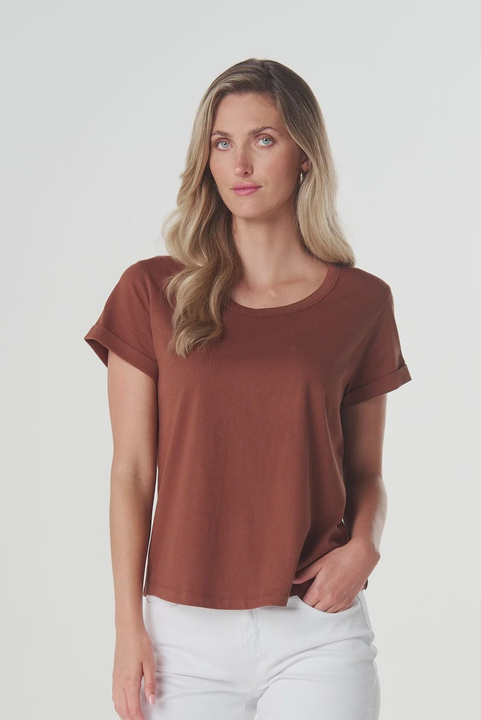 Everyday Cotton Roll Cuff Tee  Brown Coco - Goondiwindi