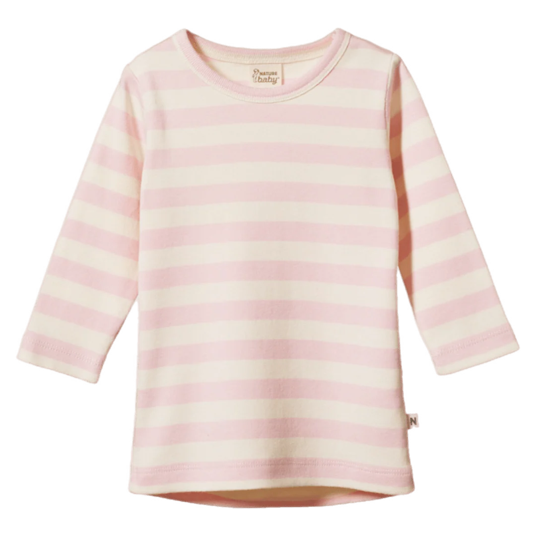 Pink and white striped long-sleeve shirt on a white background