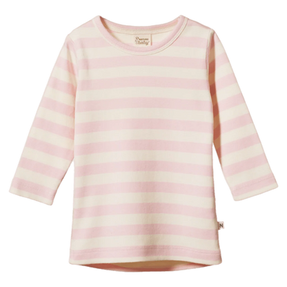 Pink and white striped long-sleeve shirt on a white background