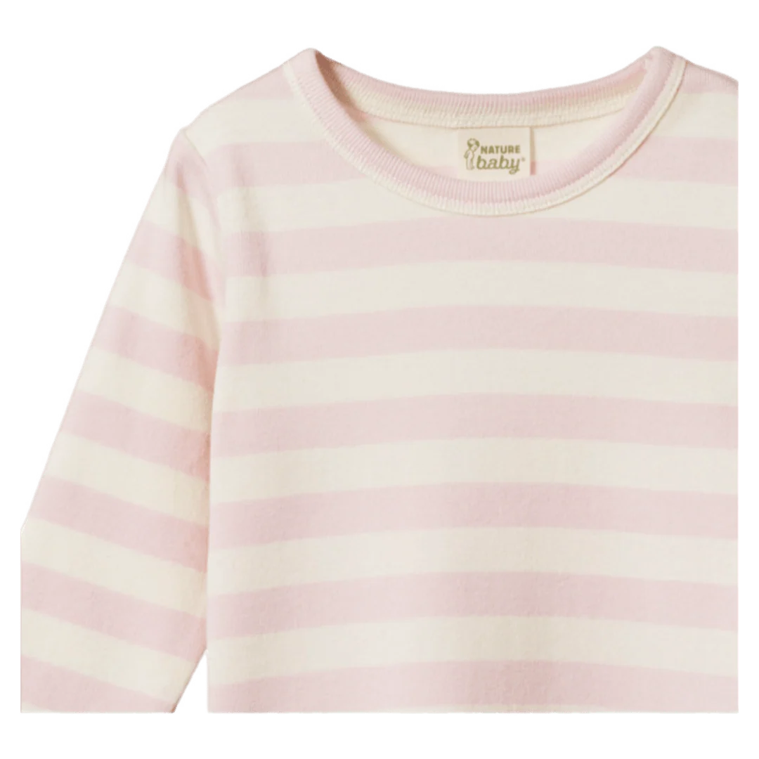 Pink and white striped long-sleeve shirt on a white background