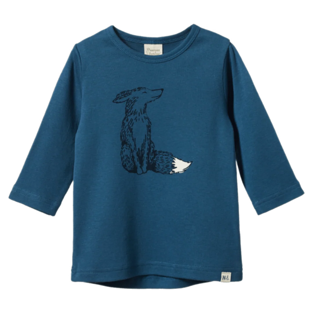 Blue long-sleeve shirt with a fox design on a white background