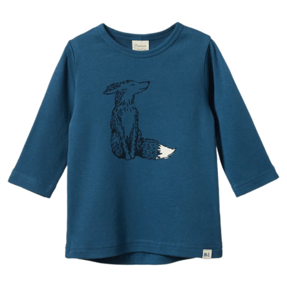 Blue long-sleeve shirt with a fox design on a white background