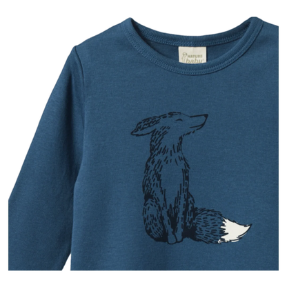 Blue long-sleeve shirt with a fox graphic on a white background