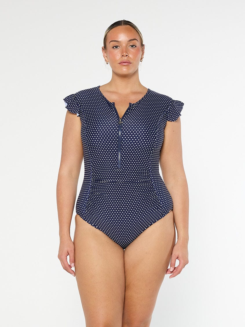 Navy &amp; White Polka Dot Frill Sleeve One Piece