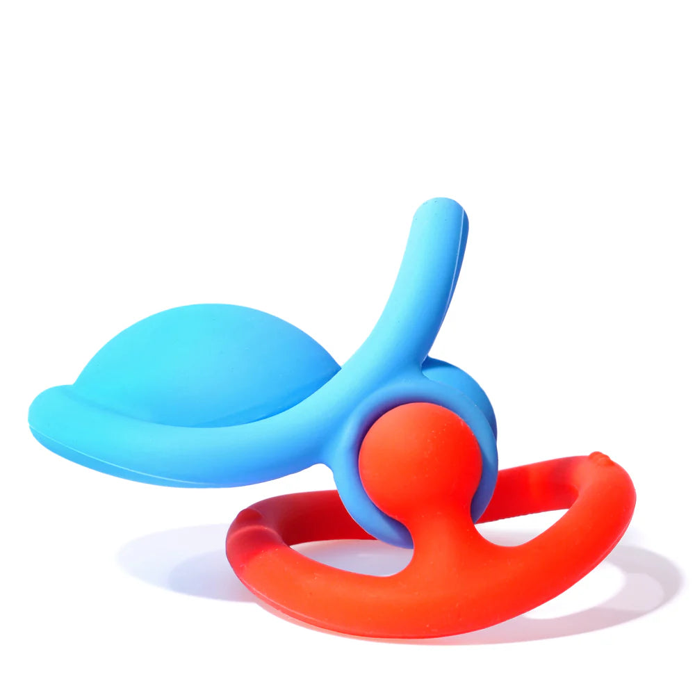 Blue and red baby teether on a white background