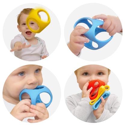 Collage of children playing with colorful plastic toys on a white background