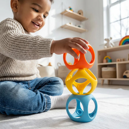 Child playing with colorful toy in a bright room