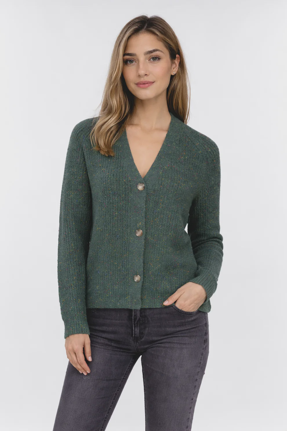 Ribbed V Neck Nep Yarn Cardi