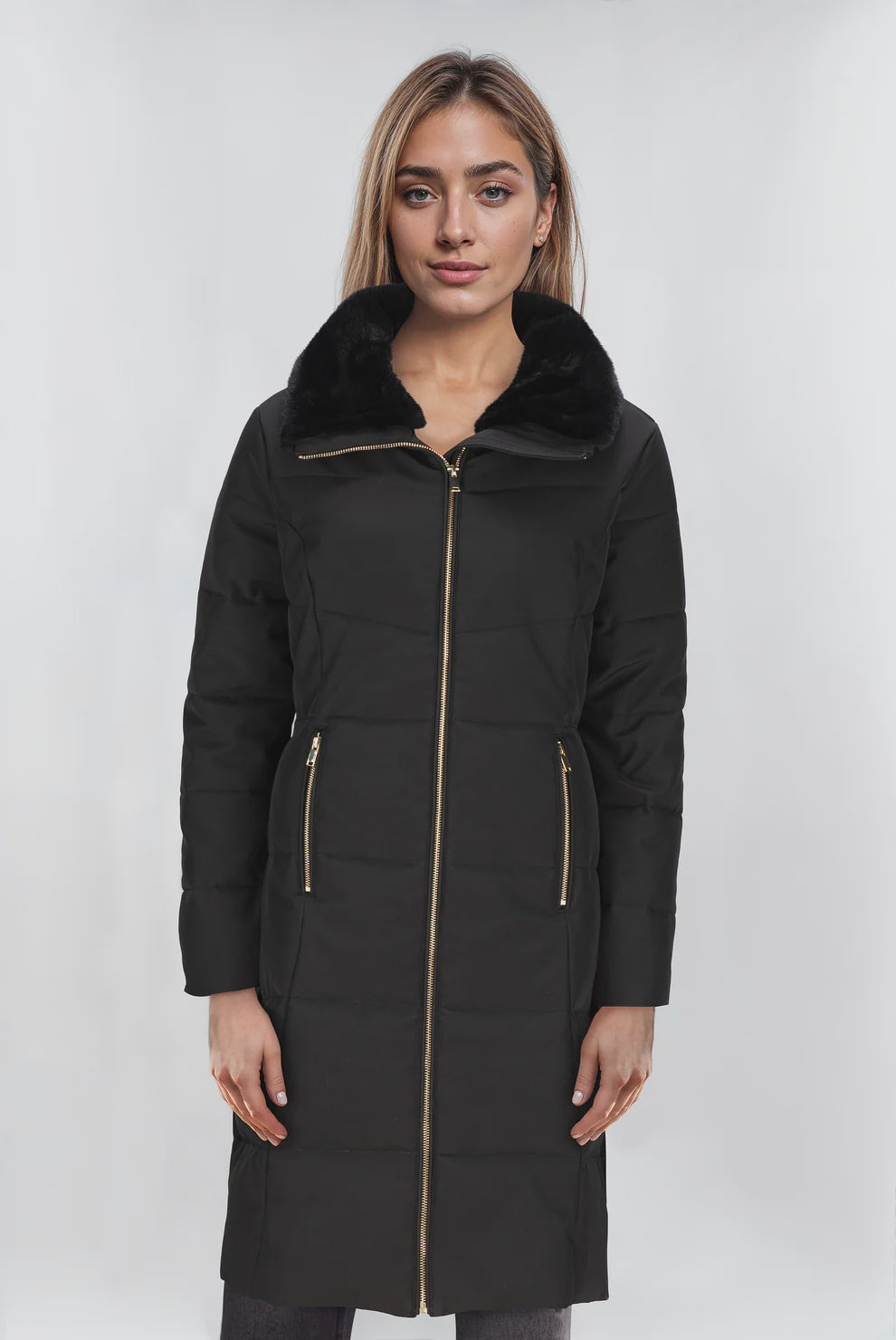 Long Line Puffer Coat Fur Trim Black - Sabena