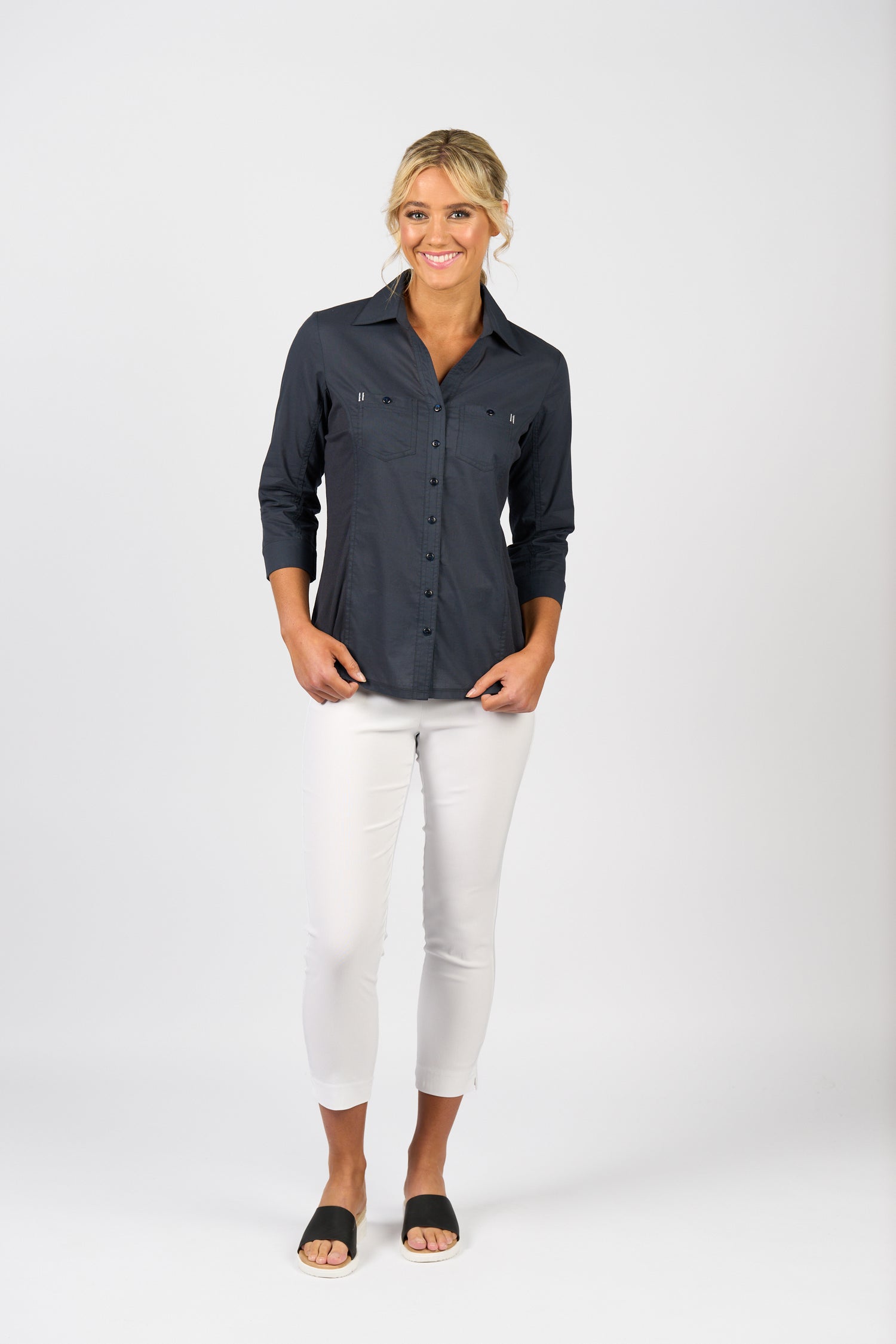 4032 Plain Button Up Shirt With Rib Panels