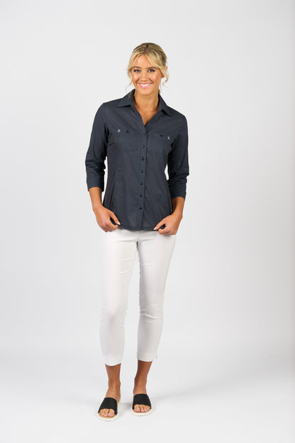 4032 Plain Button Up Shirt With Rib Panels