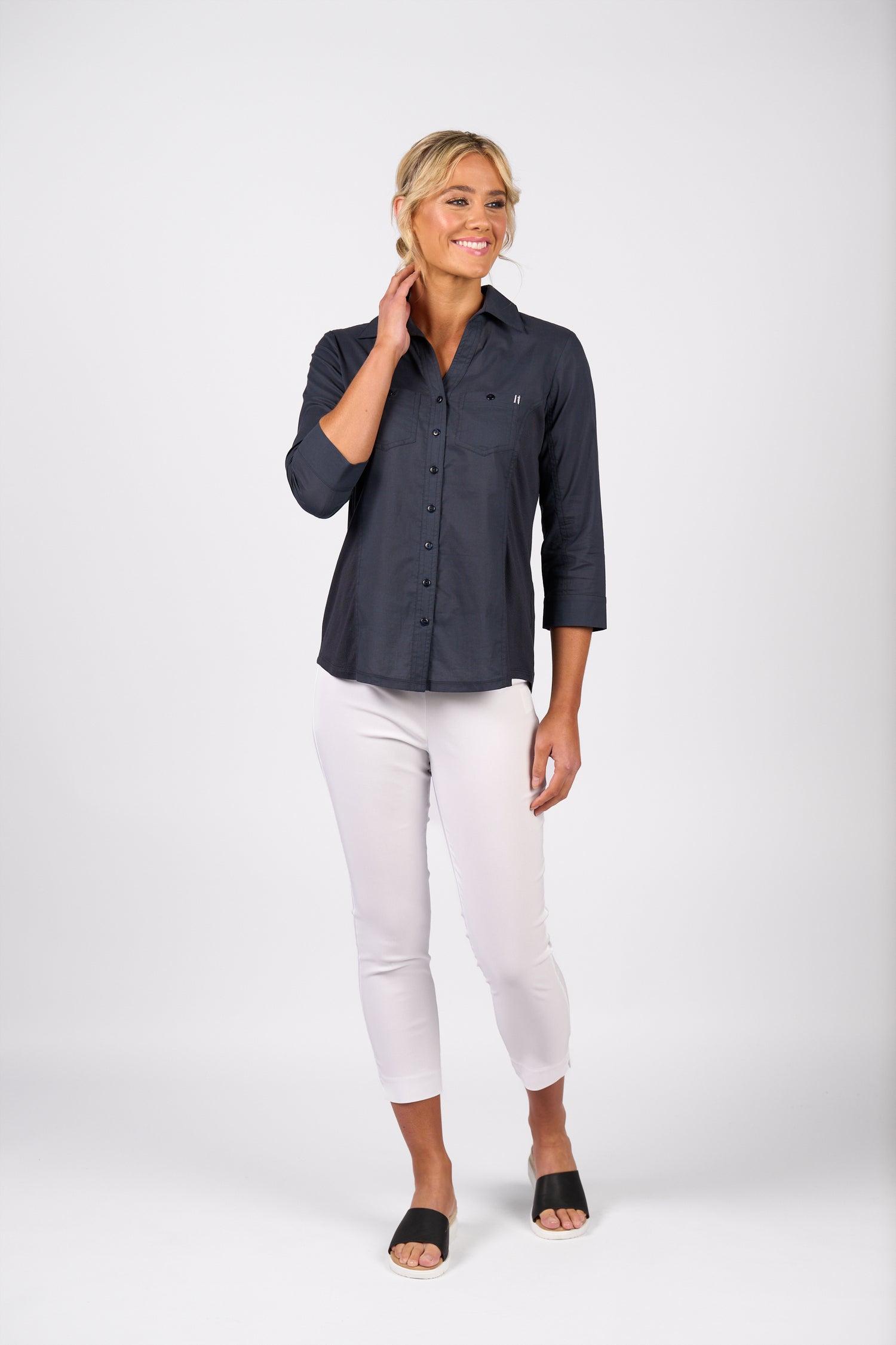 4032 Plain Button Up Shirt With Rib Panels