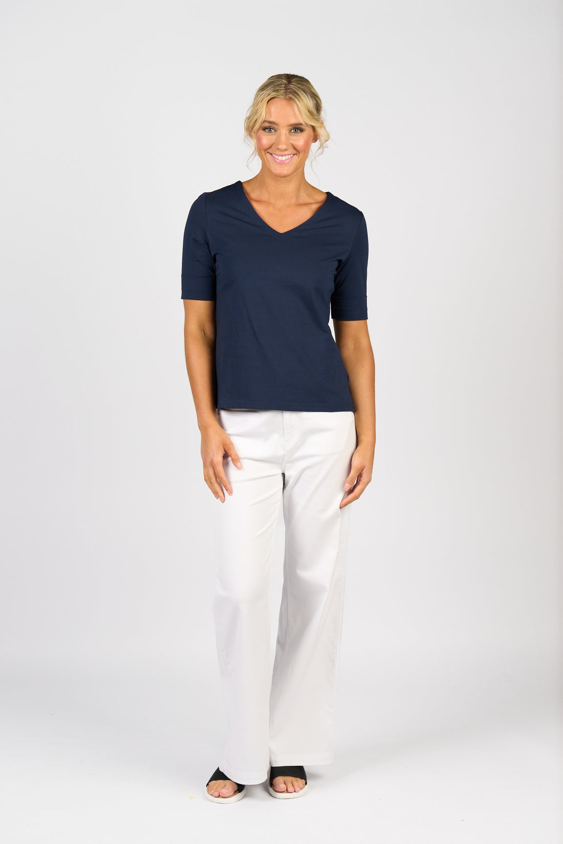 4264 V Neck Top with Cuffed Sleeve