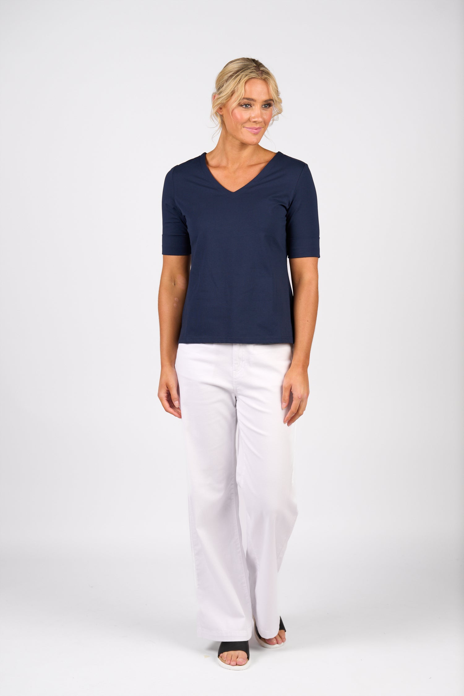 4264 V Neck Top with Cuffed Sleeve