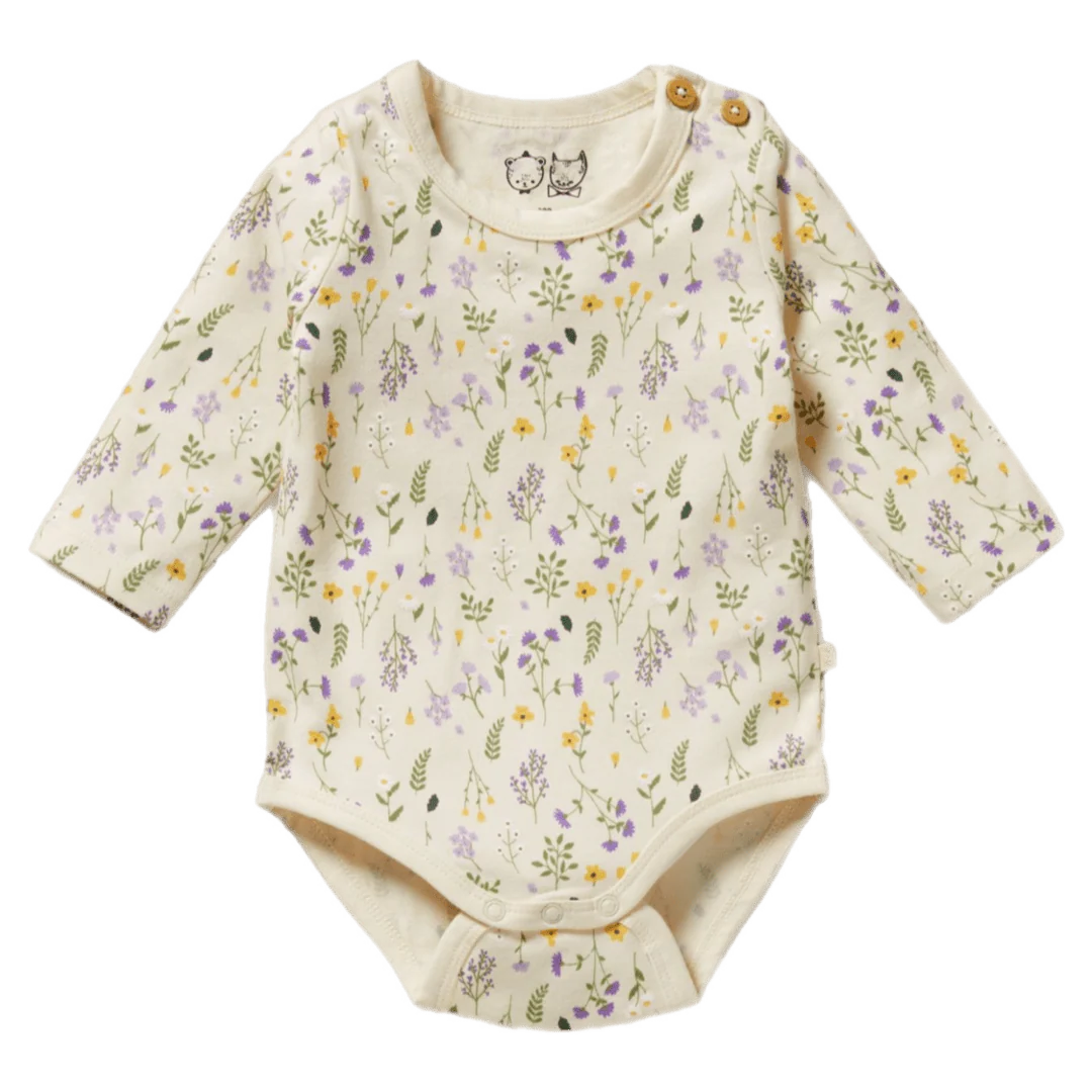 Baby bodysuit with floral pattern on a white background