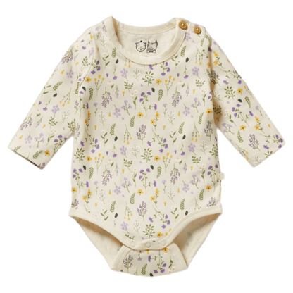 Baby bodysuit with floral pattern on a white background